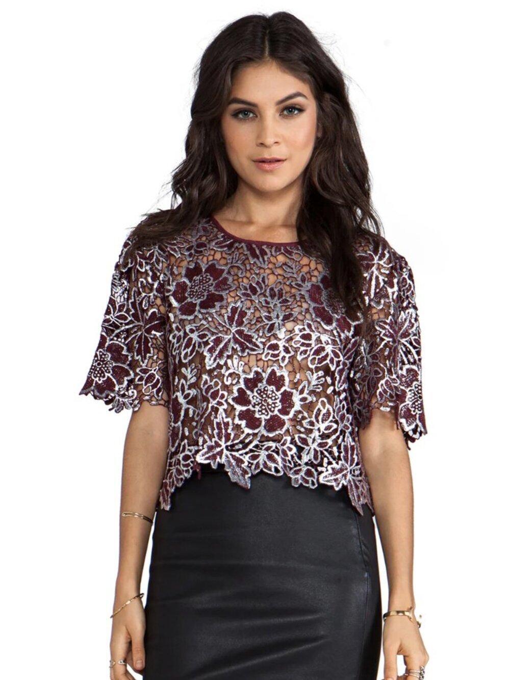 ELIZABETH AND JAMES Bates Bordeaux Maroon Silver Winter Lace Blouse, Size M